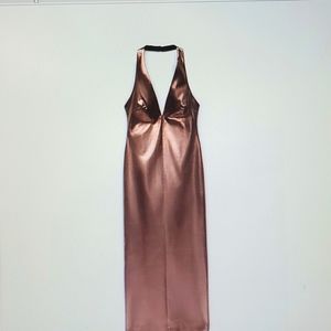 Bronze halter dress with metallic thread.